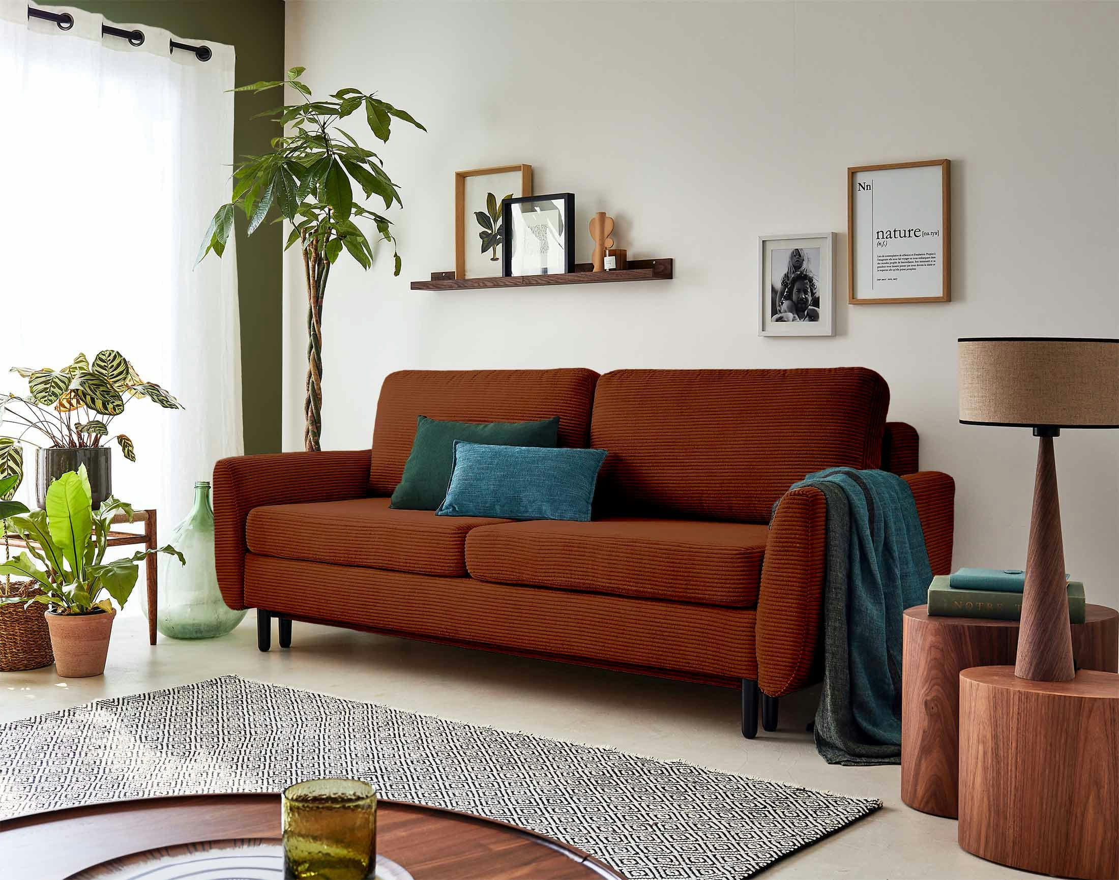 DAN - Canapé droit convertible 3 places en velours côtelé terracotta