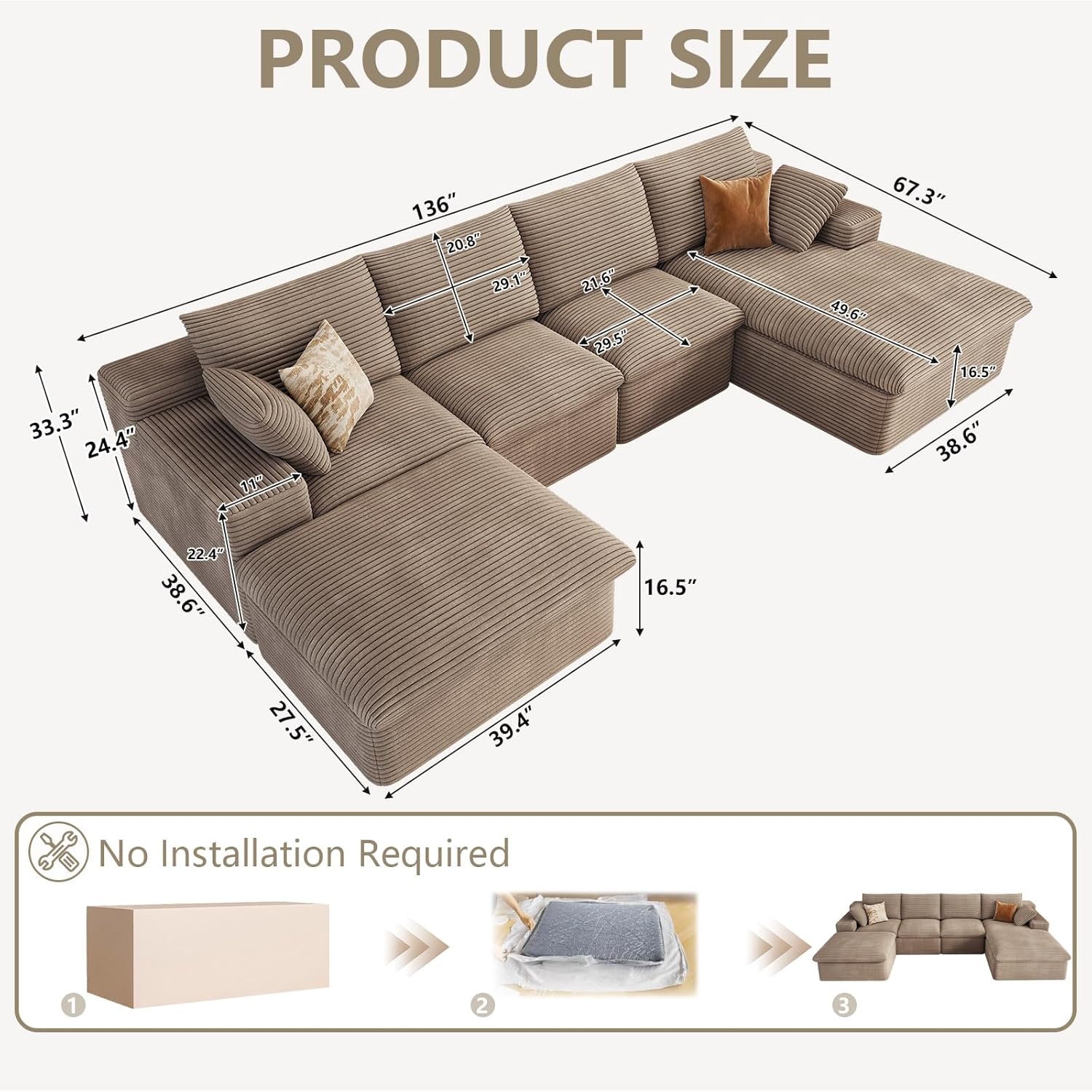 136 Cloud Couch Modular Sectional Couchs with Chaise Lounge, U-Shape Boneless Couches with Ottoman for Living Room, Corduroy Sofa with Deep Seat, No Assembly Required (Camel, Right Facing Chaise)