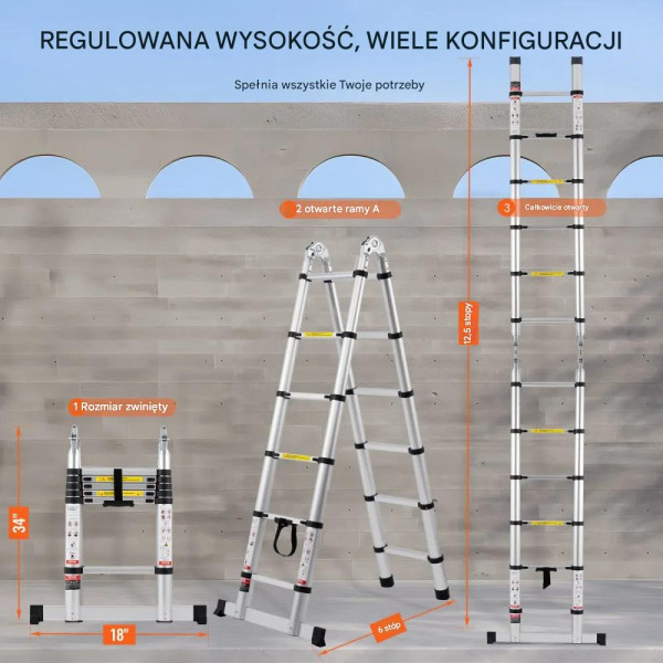 Drabina teleskopowa 3,8m A kształt ze stabilizatorem bezpieczna
