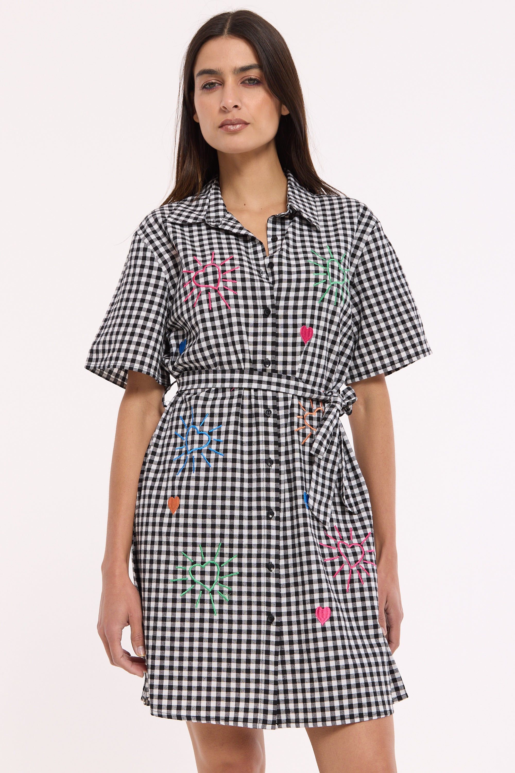 House of Holland Gingham Embroidered Mini Shirt Dress