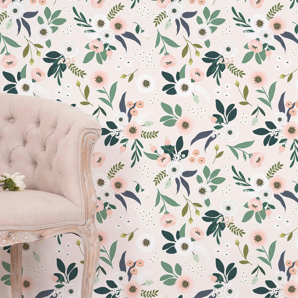 WONDERLAND - Papier peint floral en Papier Rose pâle 50cm x 10m