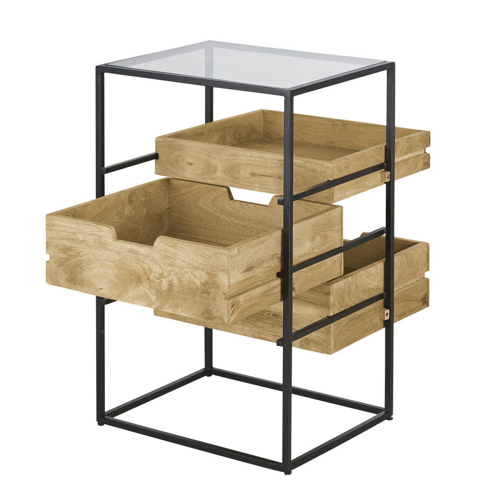 Leyton Business - Meuble de rangement professionnel en métal, verre et manguier massif L50