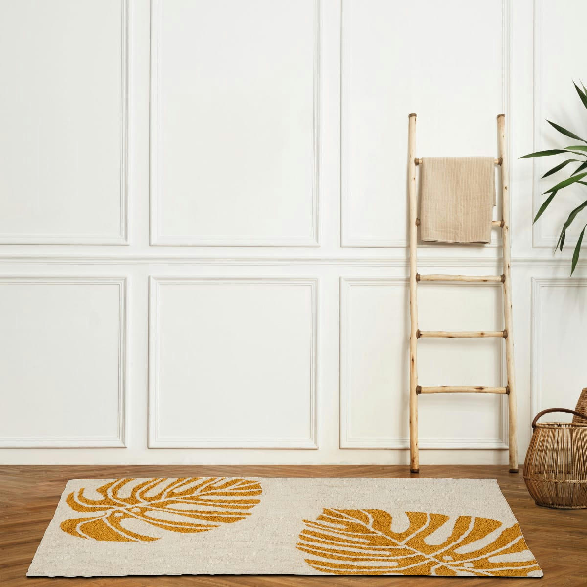 MONSTERA - Tapis coton fantaisie blanc et jaune blanc 120x160cm