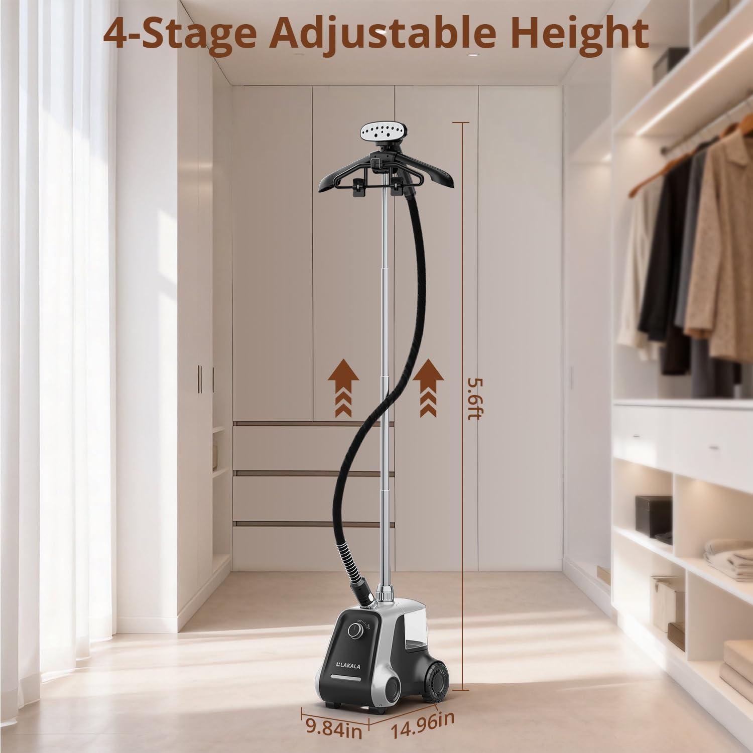 LAKALA Garment Steamer for Clothes, 30-Second Instant Heat-Up, 2.5L Water Tanks, with Pant Clips & Dual Hanger, Powerful Handheld, 4-Stage Adjustable Height, Standing Floor Steamer Wrinkle Remover