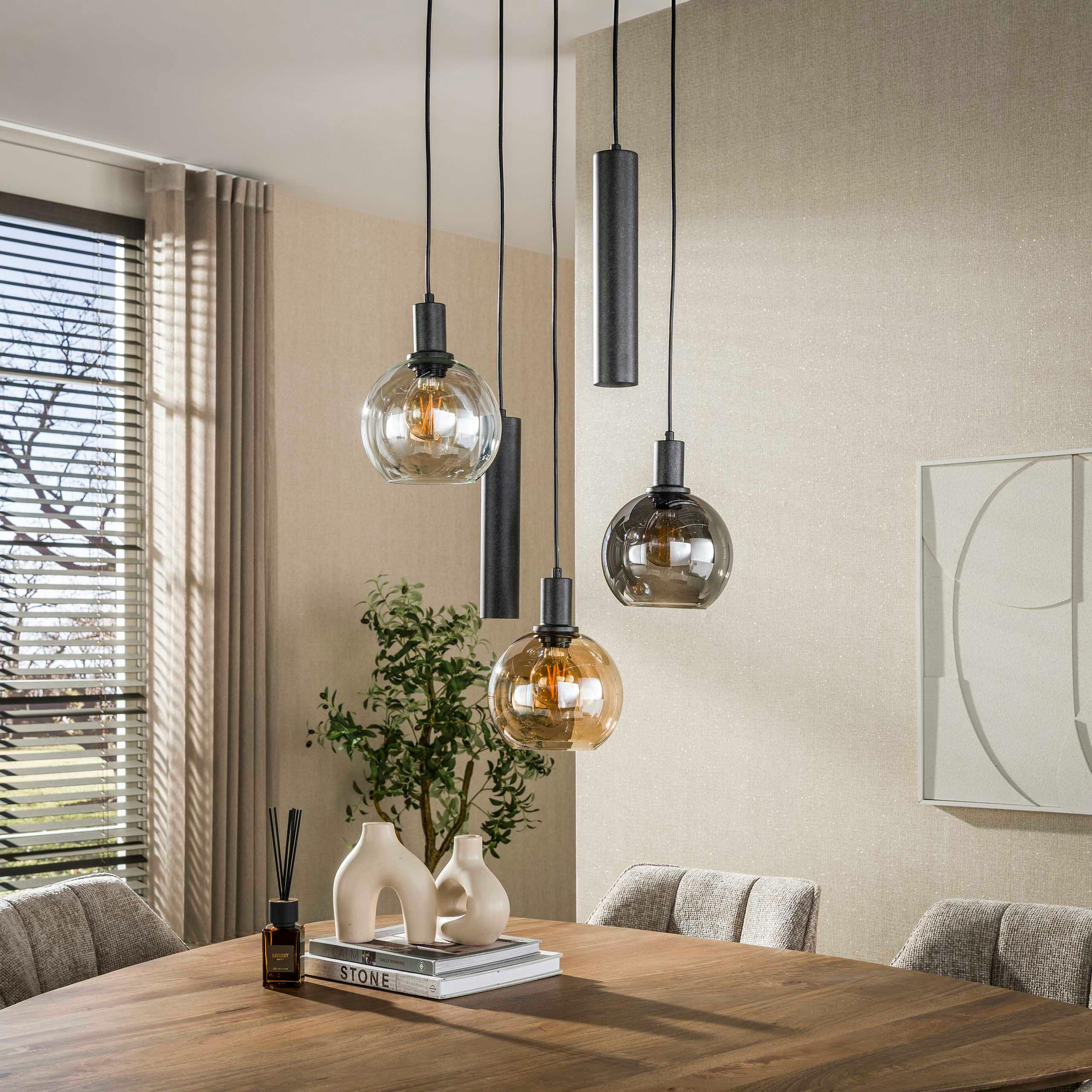 Suspension grande hauteur verre tricolore métal 5 lampes NOVA
