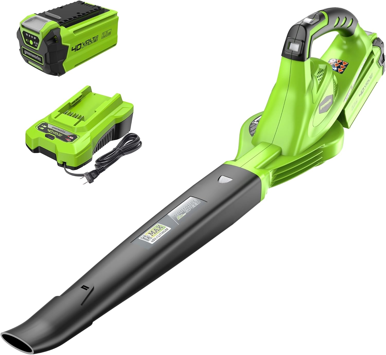 Greenworks 40V Leaf Blower/Sweeper  150 MPH / 135 CFM  Lightweight  Quiet  with 2.0 Ah Battery and Charger  Perfect for Residential Lawn Care  Leaf Blowing Debris  Dust  Light Snow  and More