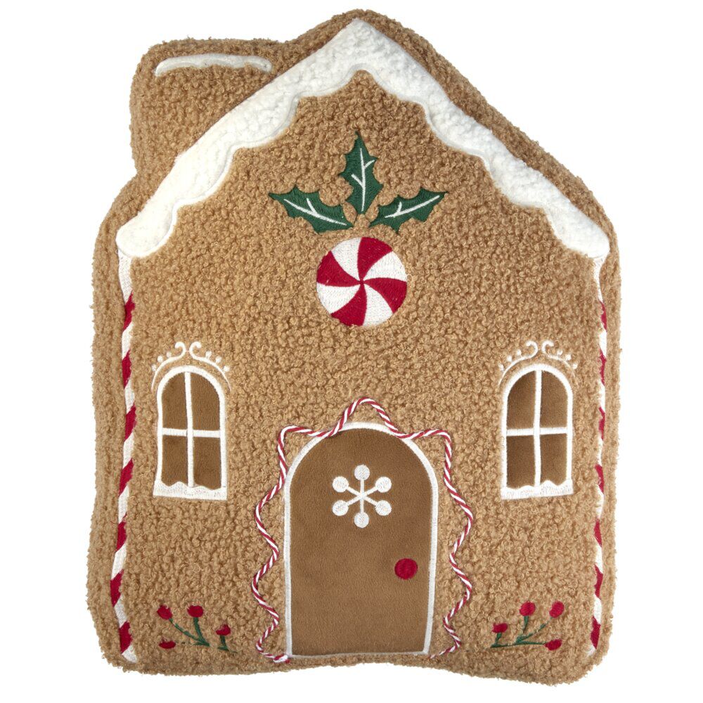 Coussin forme maison pain d'épice No&euml;l tissu bouclette L40X30XH6 cm marron