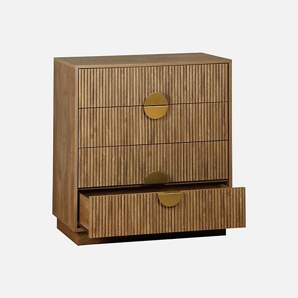 Commode 4 tiroirs décor bois de manguier rainuré. poignées en métal doré. L80 x P40 x H85cm