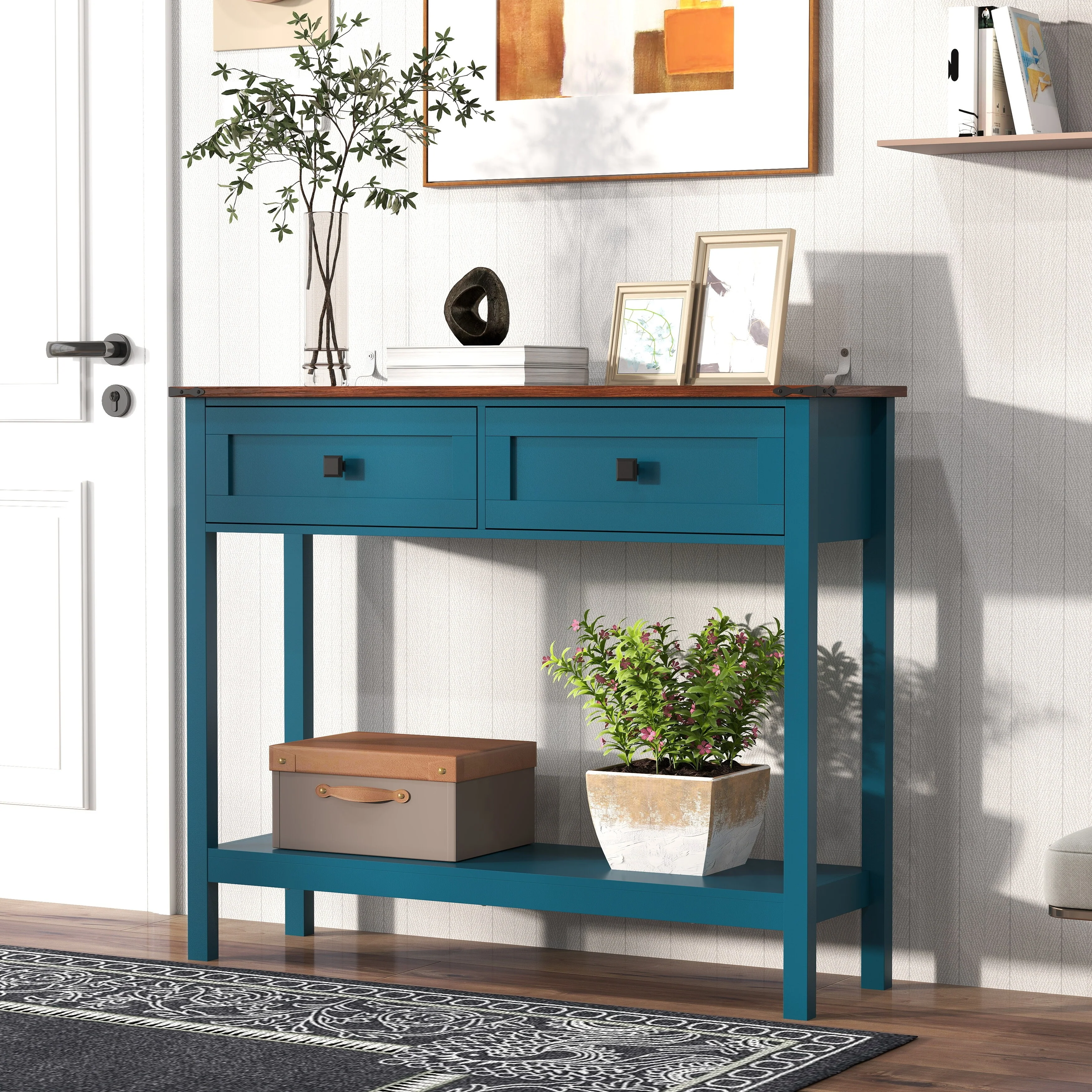Farmhouse Style Console Table with 2 Drawer and Bottom Storage Shelf, Rustic Side Table with Storage Drawer and Shelf