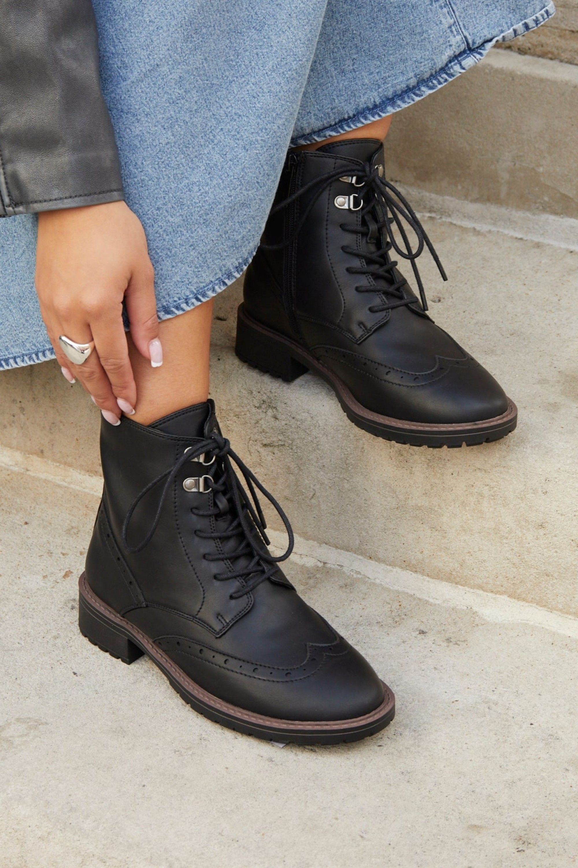 Linzi Kinsley Wide Fit Black Faux Leather Lace Up Military Boot