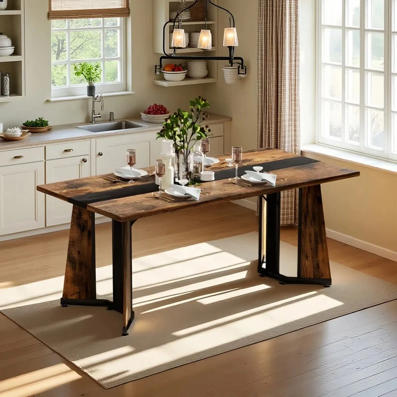 Large Rectangular Dining Table for 8 People With Waterproof Tabletop,Adjustable Leg Family Dinner Table