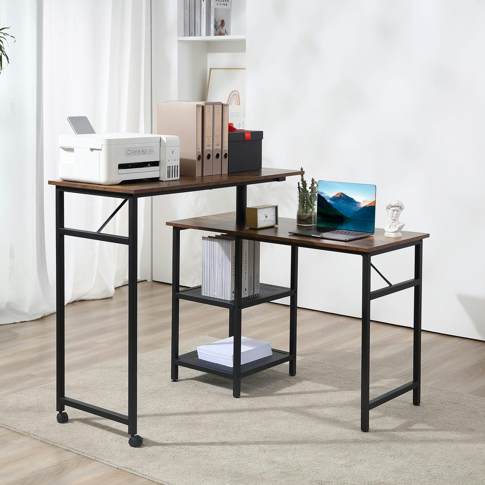 - Bureau industriel d'angle modulable 2 étagères aspect bois métal noir