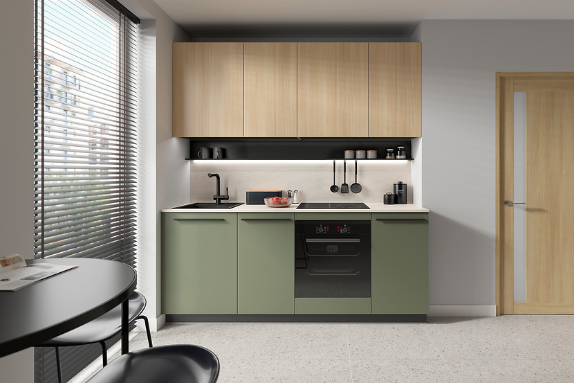 Komplet kuchenny Milino Small 210 cm z blatem zielony/dąb barbera piaskowy/beton jasny