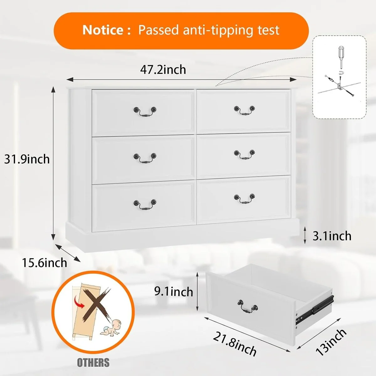 6 Drawer Tall Double Dresser, Storage Cabinet