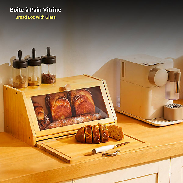 FISHTEC Boîte à Pain en Bambou - Couvercle Vitré Transparent - Planche à Découper Intégrée - Dimensions 39x25x18 cm