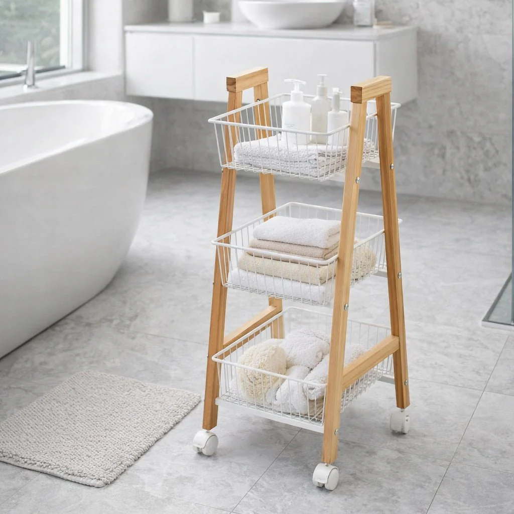 Carrinho de Apoio em Pinho com Três Cestos 32x37x81 DRAVA