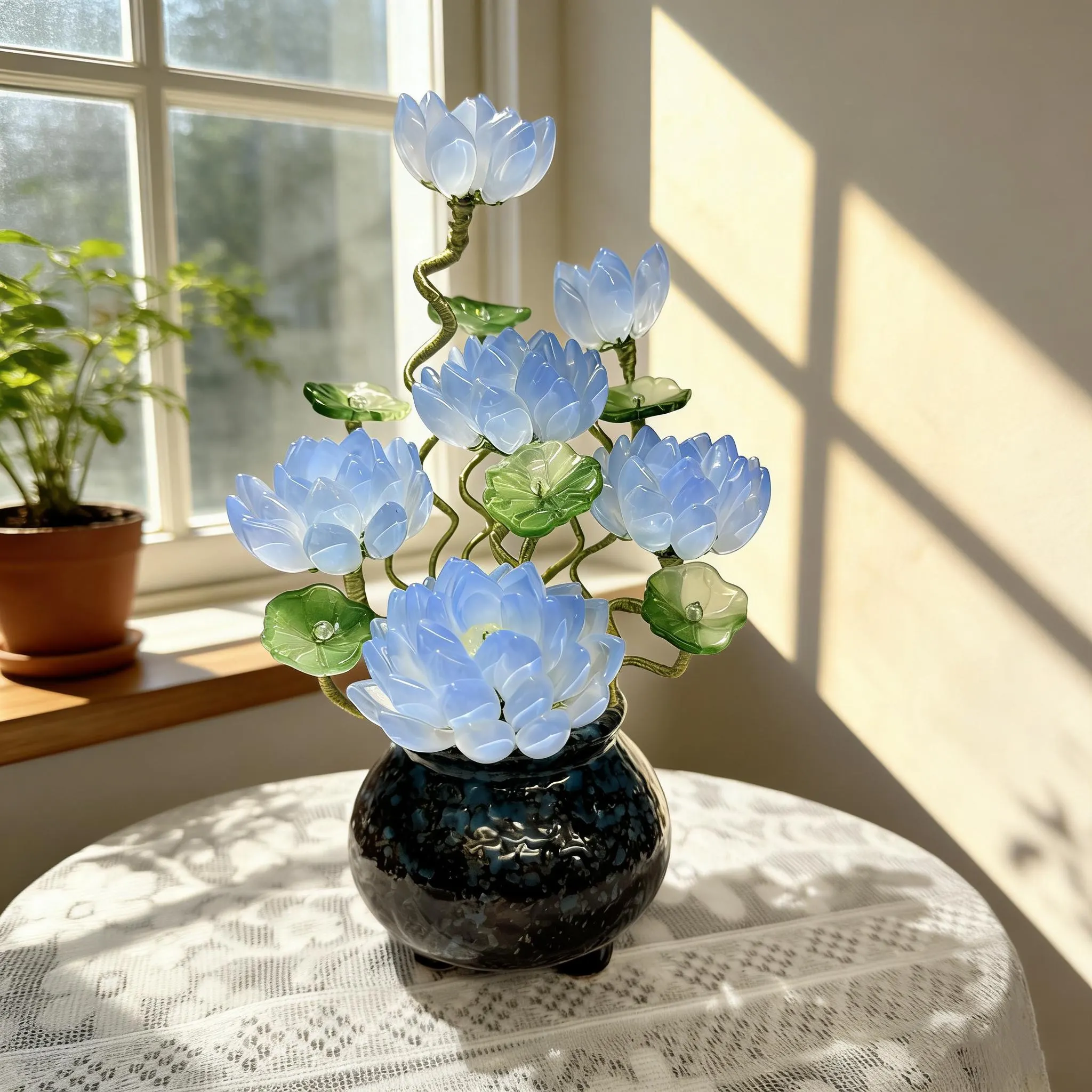 Handmade Blue Glass Flower with Pot, Lotus Style Art Glass Floral Sculpture, Elegant Home Decor Gift, Mother’s Day gift, Preserved flowers