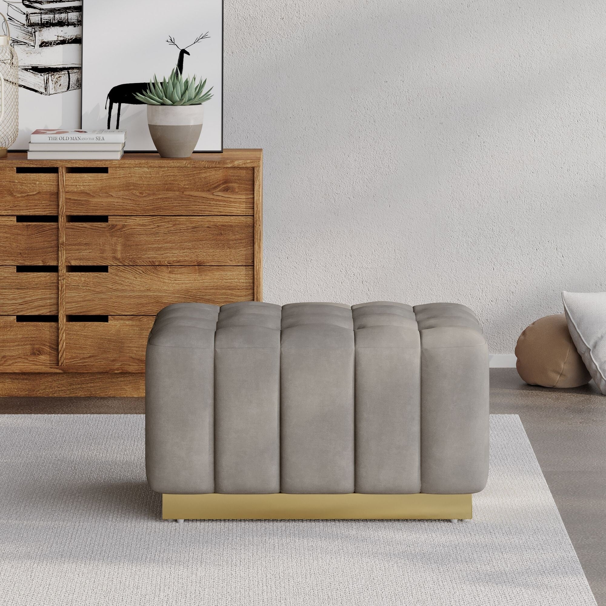 Modern Button Tufted Waffle Stitch Footstool