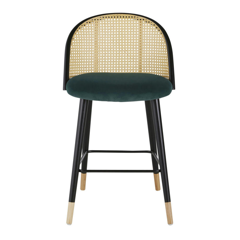 Mauricette - Chaise pour îlot central en velours vert et cannage en rotin H64