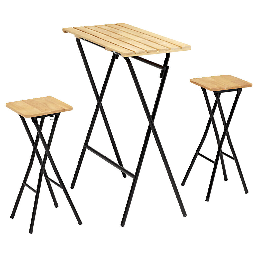 Table haute avec tabourets x2 Balcony pliables bois et métal 80x40xH98cm