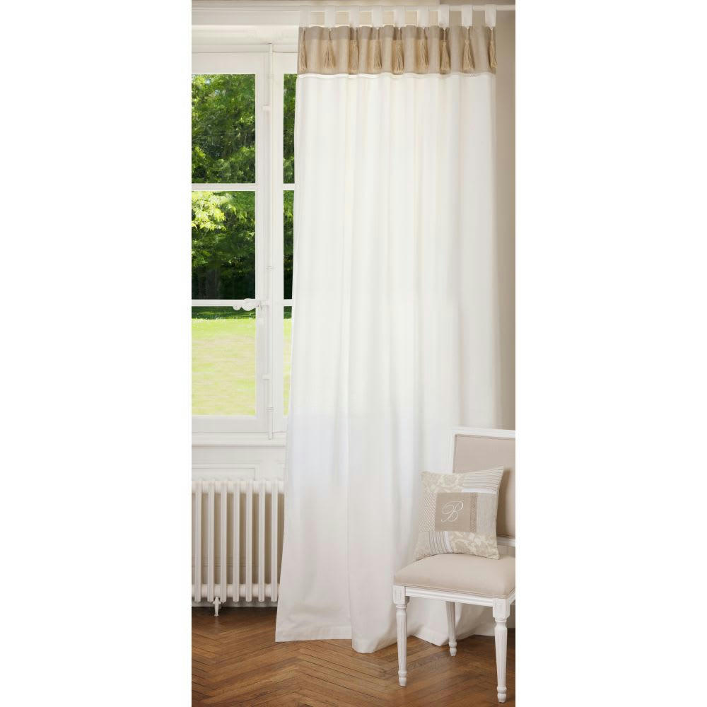 - Rideau en coton blanc et beige avec pompons 150x250