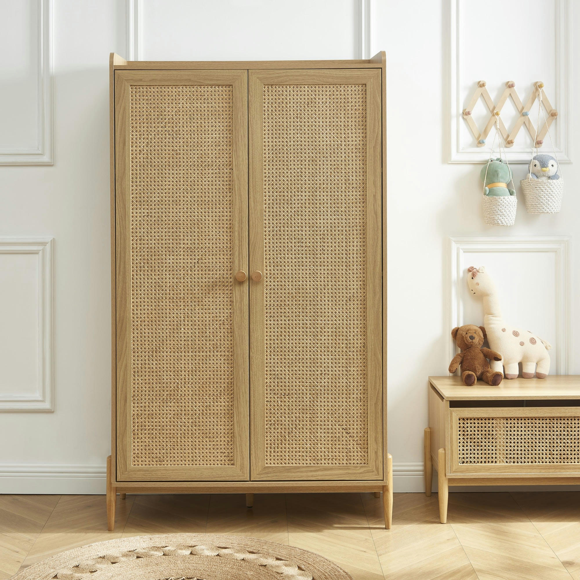 PABLO - Armoire  effet bois et cannage rotin 2 portes