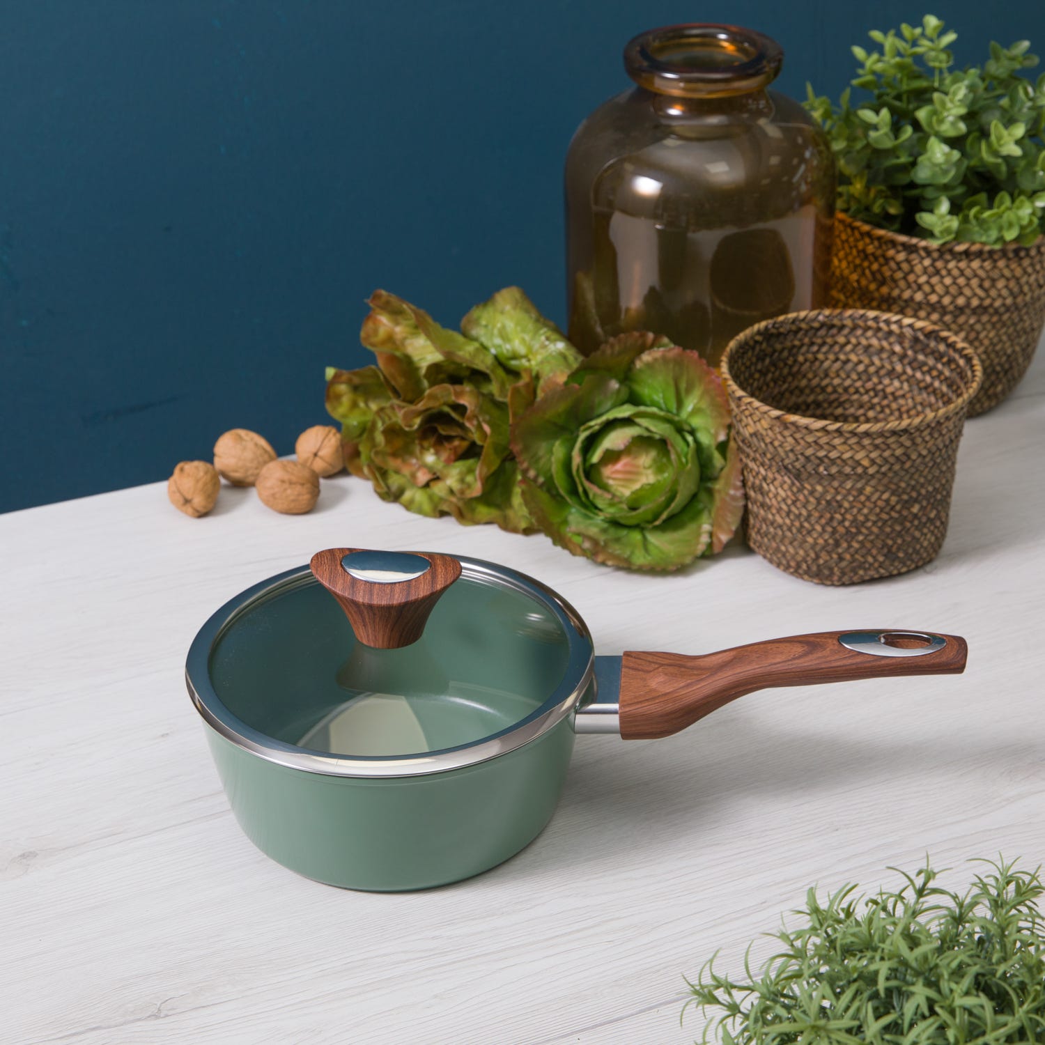 Casseruola un manico 18 cm con coperchio verde New Ceramic