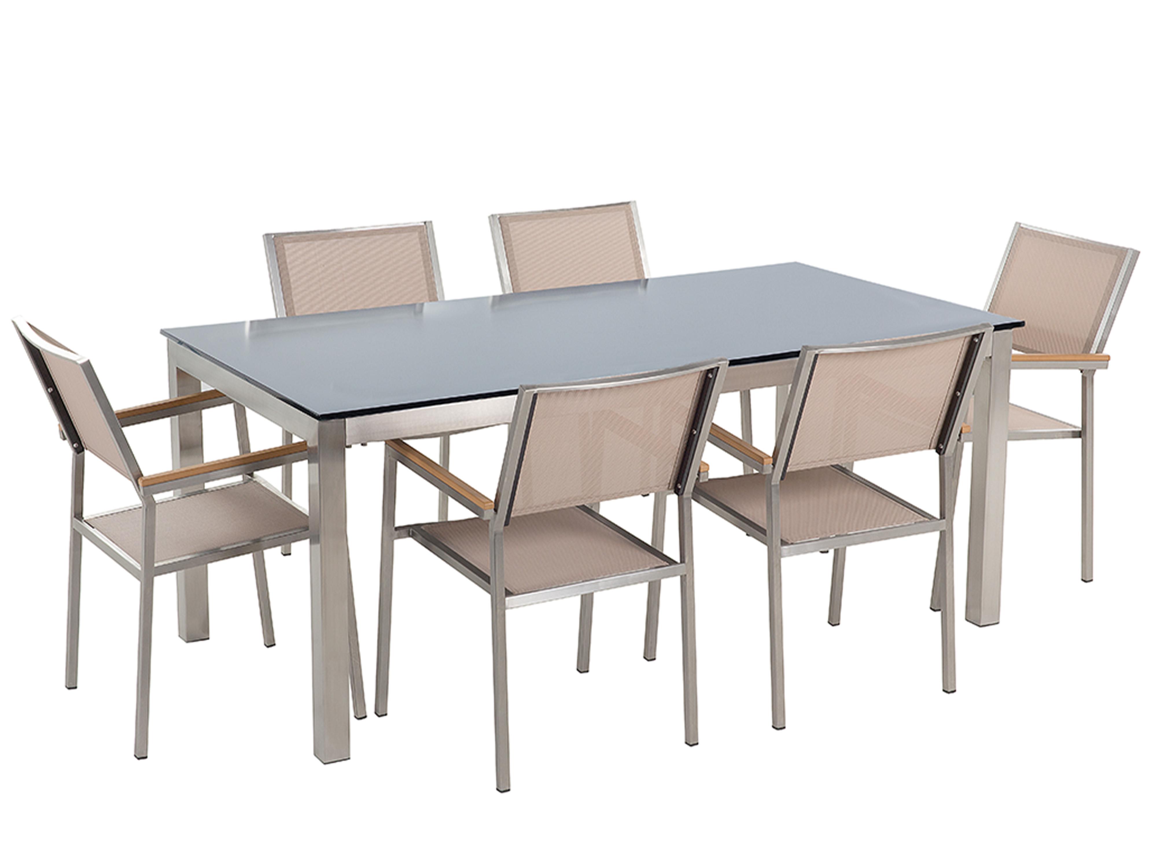 Garden Dining Set 6 Seater GROSSETO Tempered Glass Black/ Beige