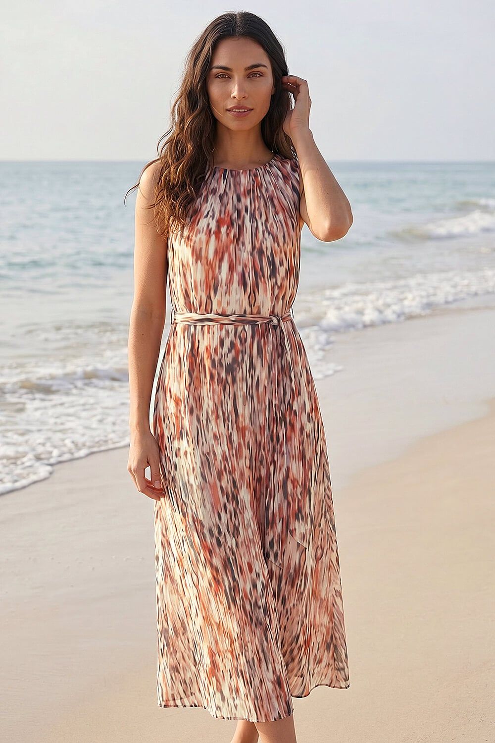 Roman Animal Print Chiffon Pleat Neck Midi Dress