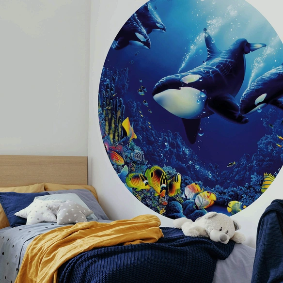 Vliestapete »Runde Vliestapete«, Orcas Ozean Orkas Kinderzimmer, mehrfarbig, matt