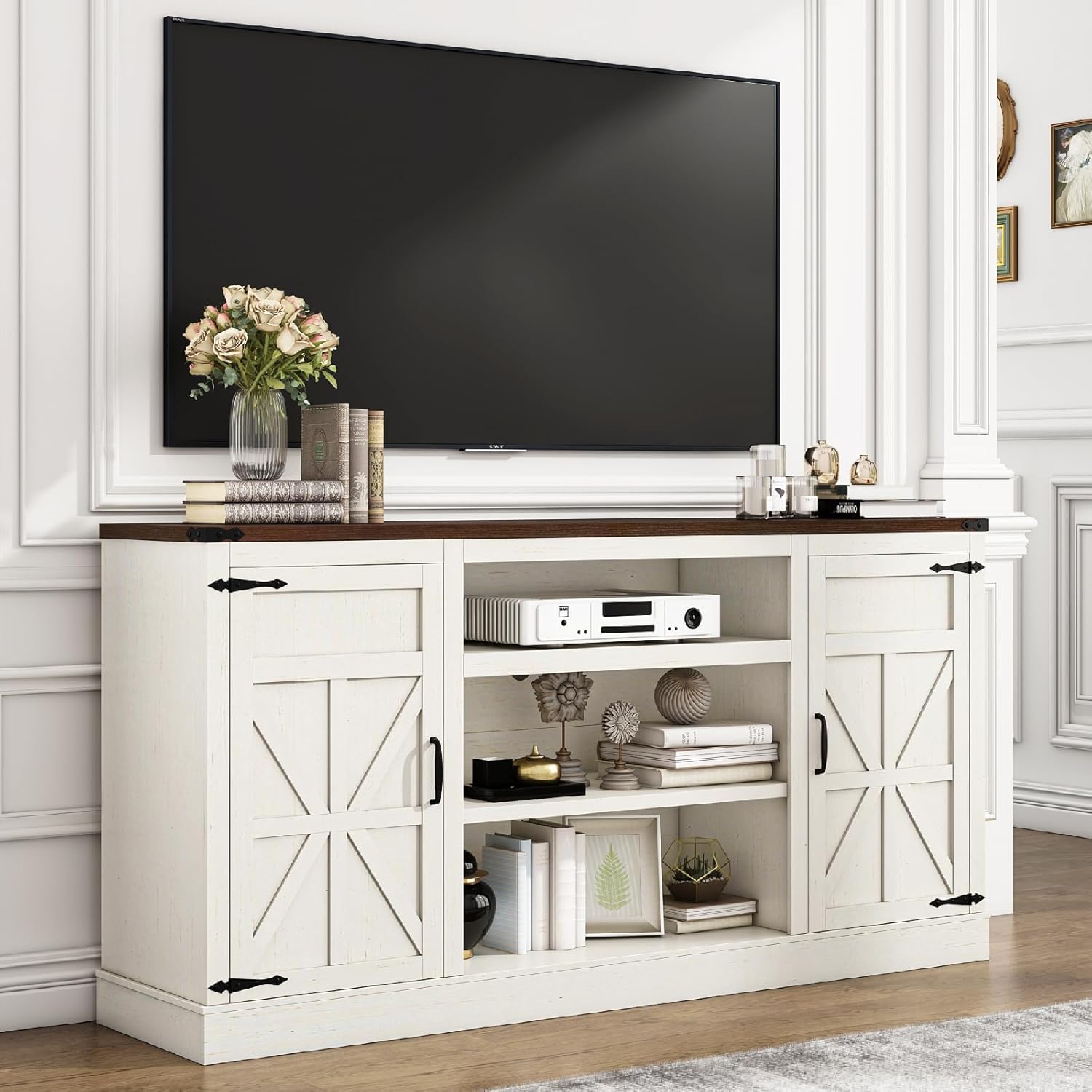 Hlivelood 66 Farmhouse TV Stand with Power Outlets for 75 Inch TVs, 33 Tall Entertainment Center with Storage Cabinets w/Adjustable Shelves, Rustic Large TV Media Console, Rustic White