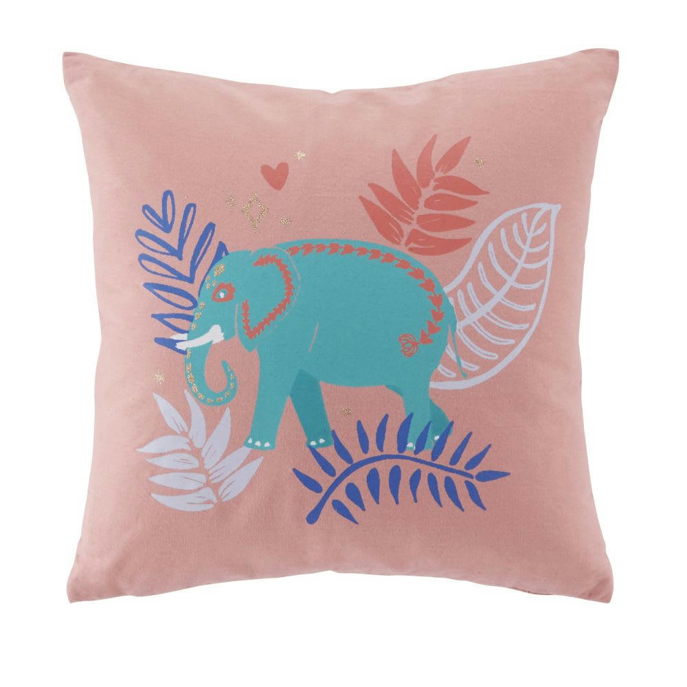 - Coussin à motifs pailletés dorés, rose, orange, verts et bleus, 35x35