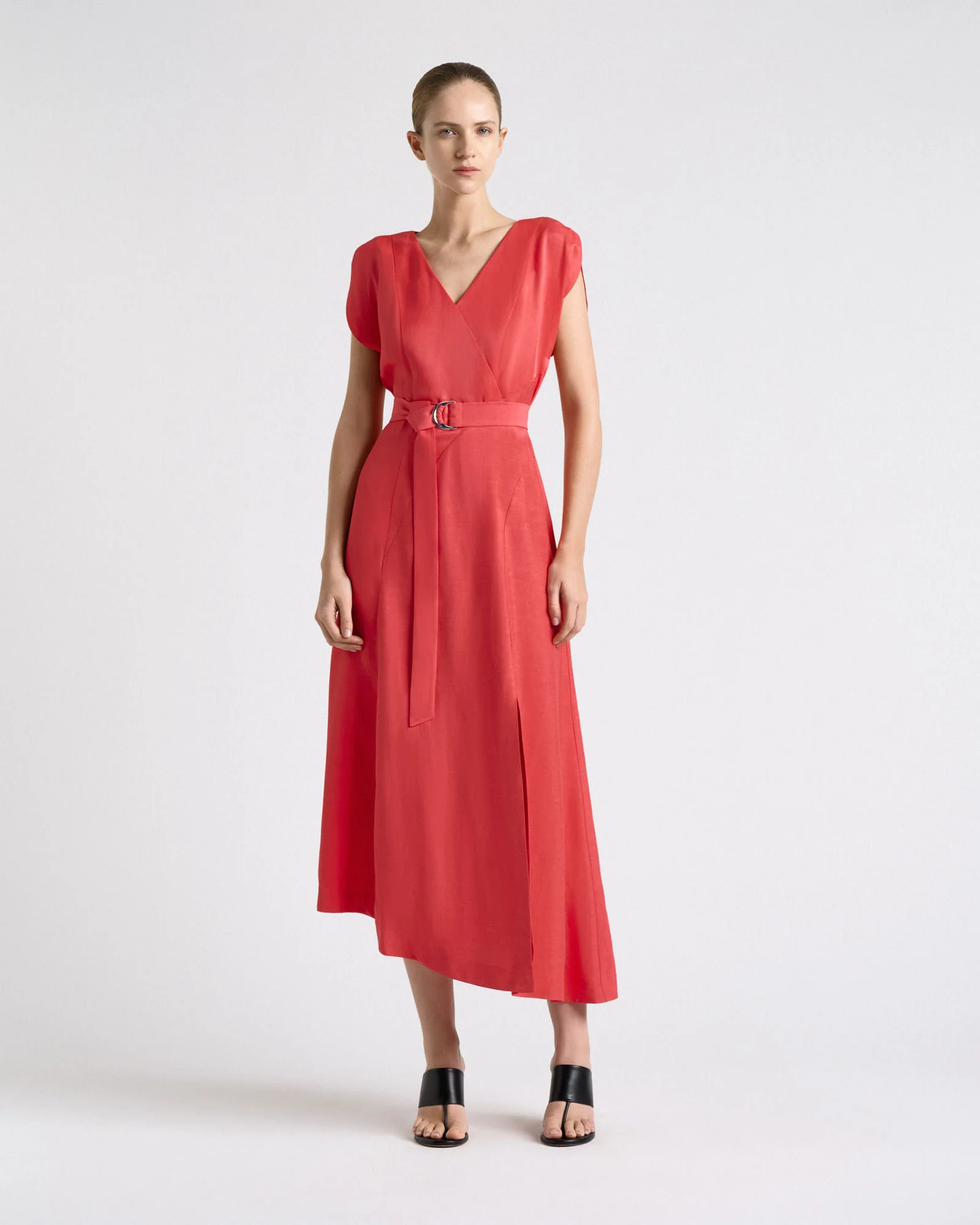 Belted V-Neck Midi Dress