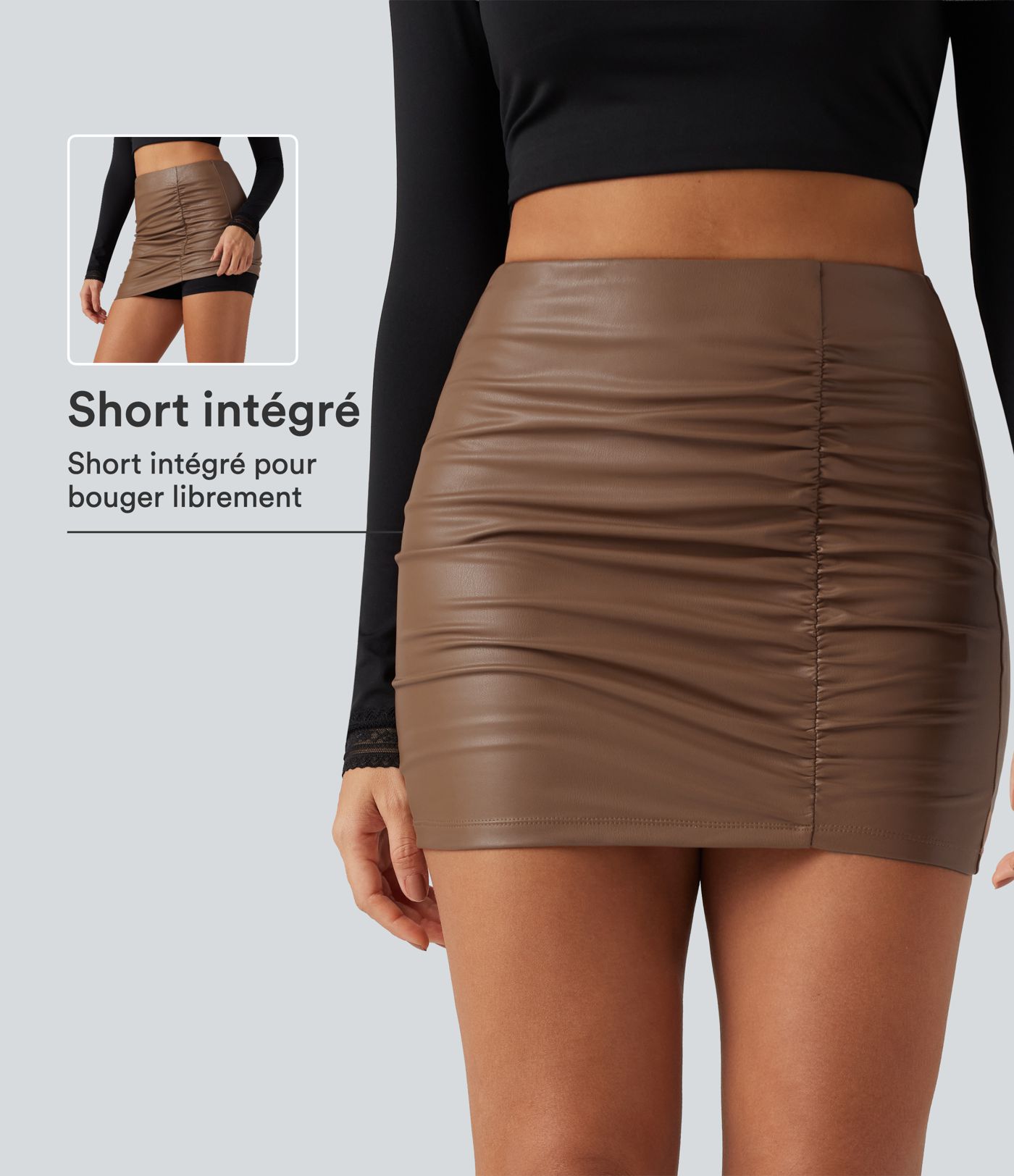 Jupe-short mini en simili doublé polaire taille haute, moulante, froncée et asymétrique
