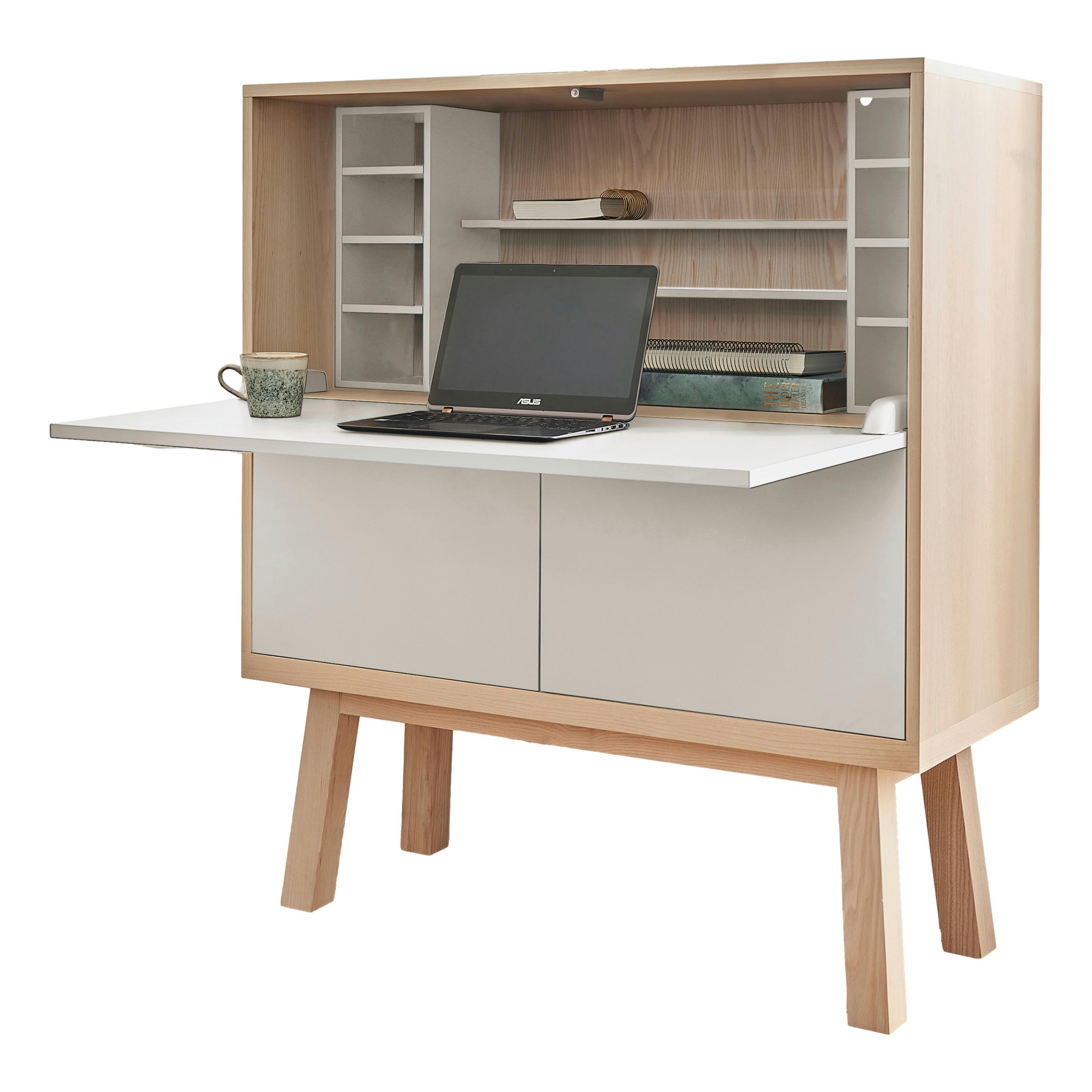 KUBE - Bureau secrétaire avec rangement, 120 cm de large, en frêne