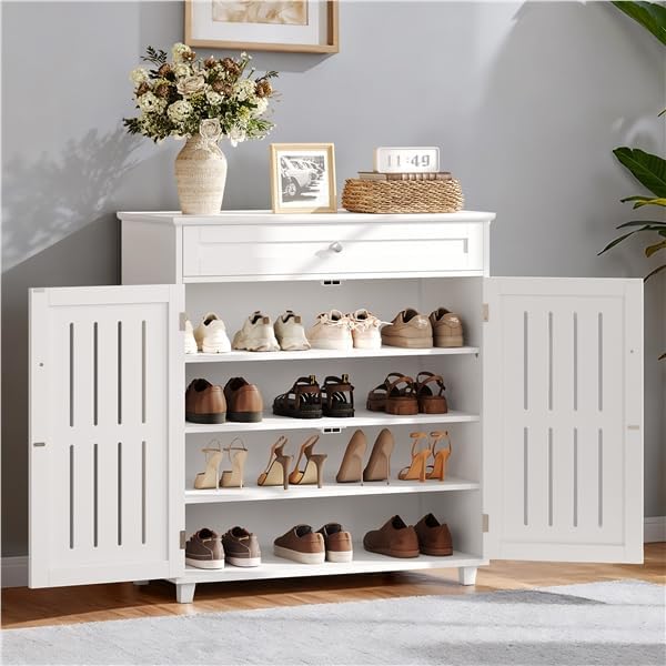 Yaheetech Shoe Cabinet, 4-Tier Shoe Storage Cabinet with Drawer & Adjustable Shelves, Wooden Shoe Rack Organizer with Louvered Doors for Entryway, Hallway, Closet, Living Room, White