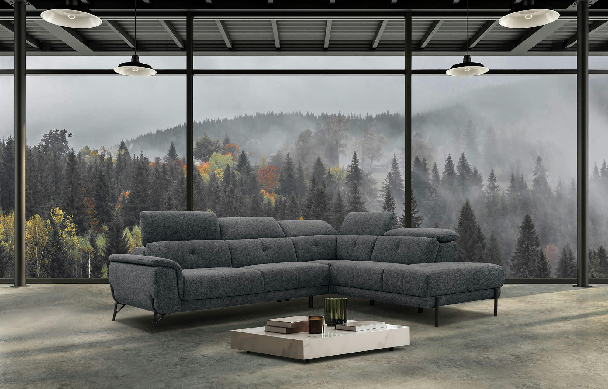 AVENA - Canapé d'angle droit  5 places en tissu gris foncé