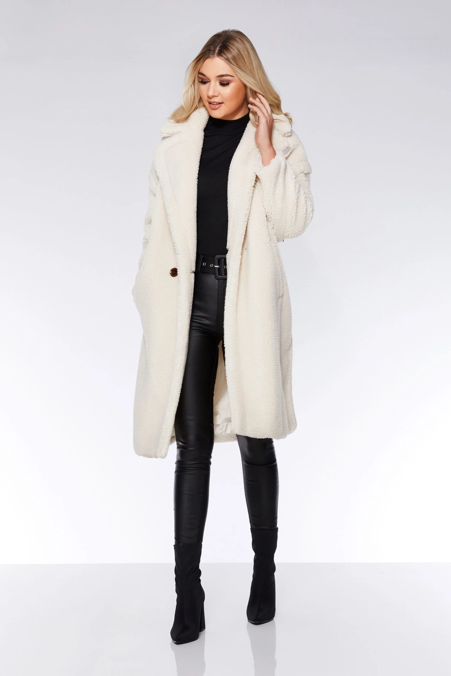 Quiz Cream Teddy Button Front Coat