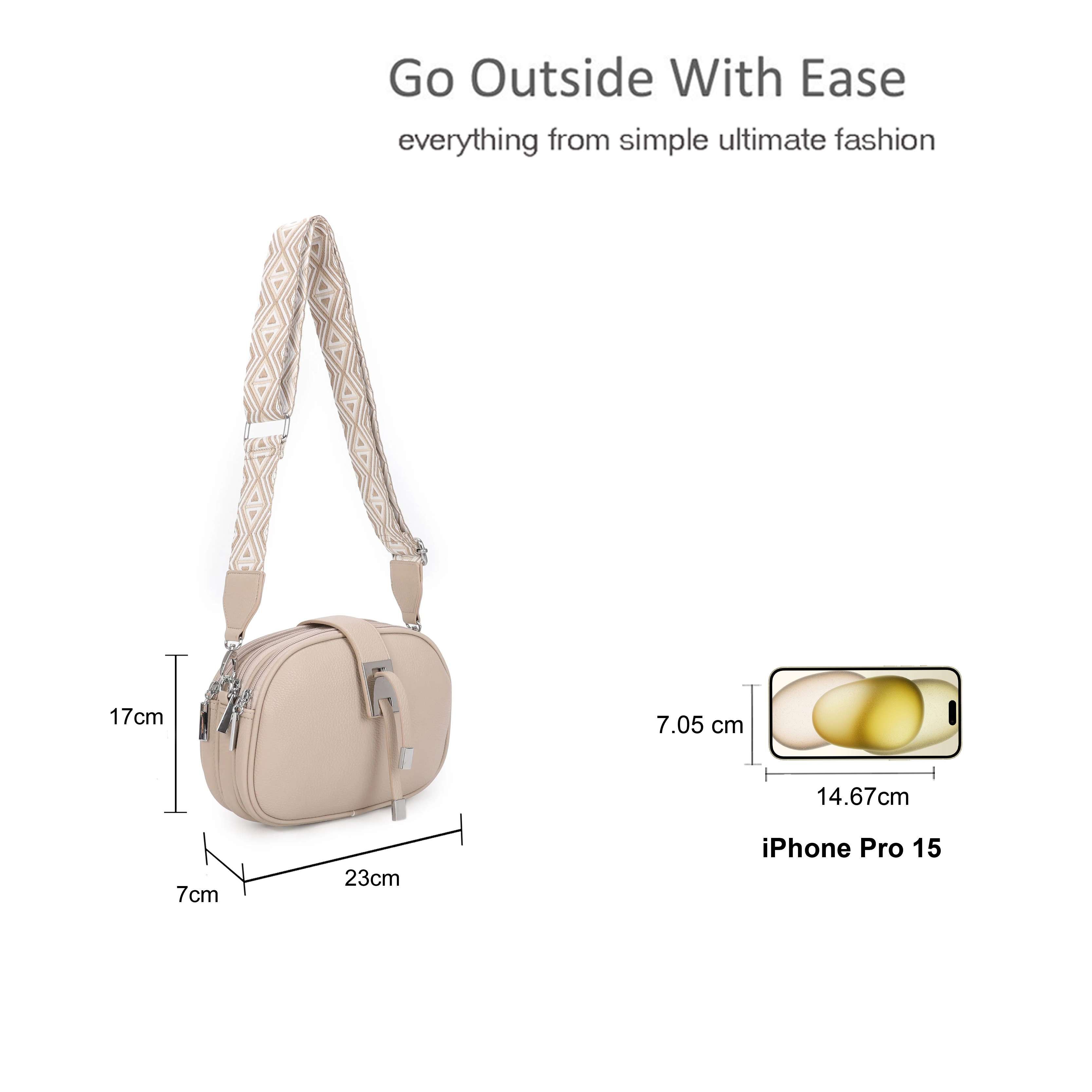 Kitise Small Tri-Compartments Modern Compact Crossbody Bag With Detachable Canvas Strap
