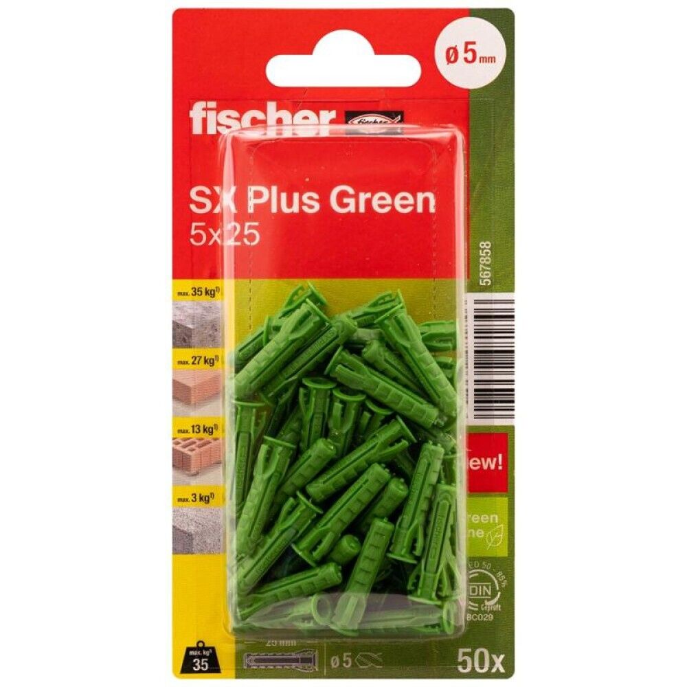 UNIVERSALPLUGG FISCHER SX PLUSS GRØNN 5X25MM 50 STK