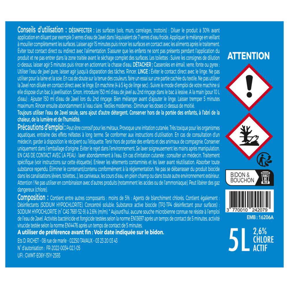 Bidon eau de javel 5L 2,6% chlore actif
