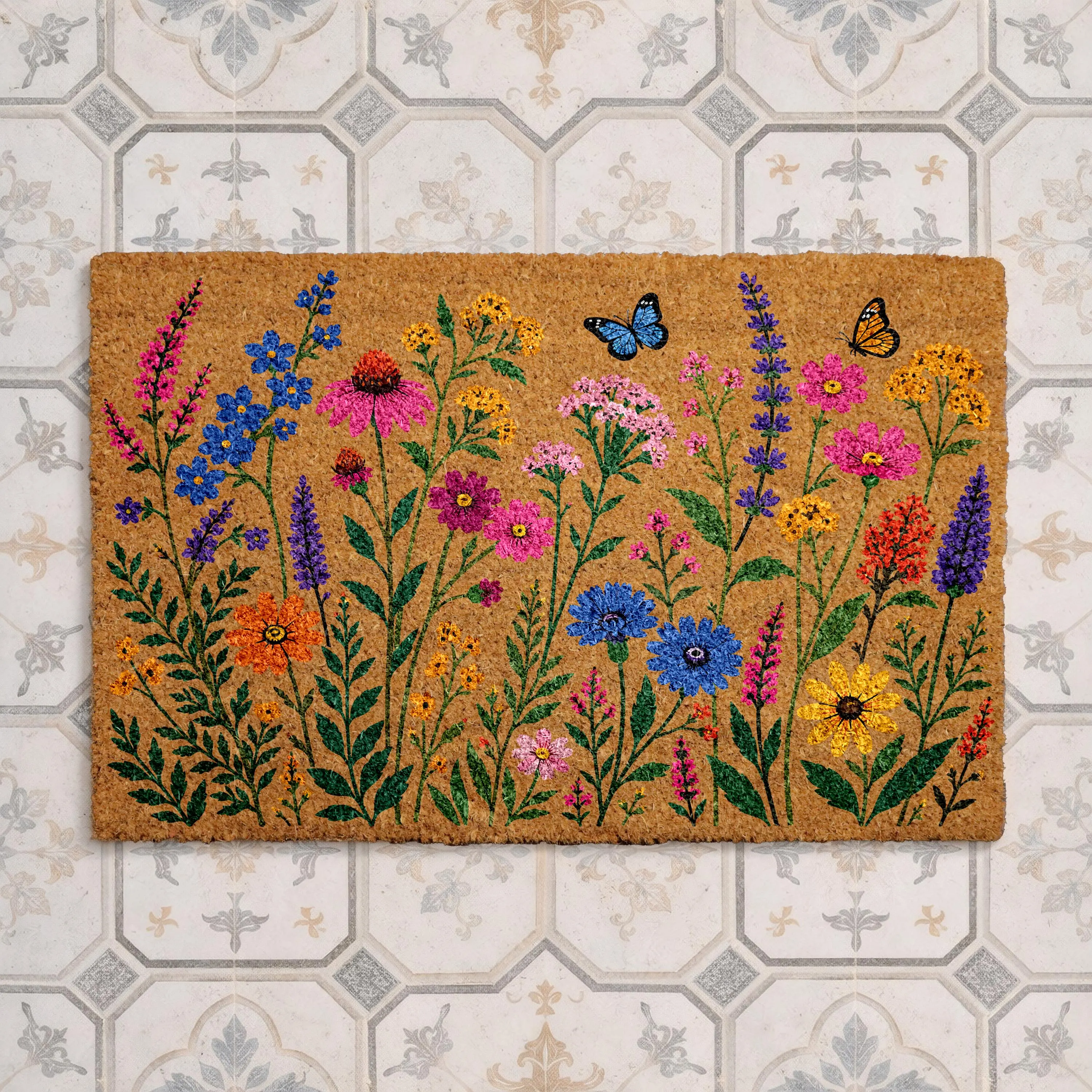 Colorful Wildflower Doormat, Floral Garden Welcome Mat, Spring Butterfly Door Mat, Botanical Entry Rug, Cottagecore Front Porch Decor