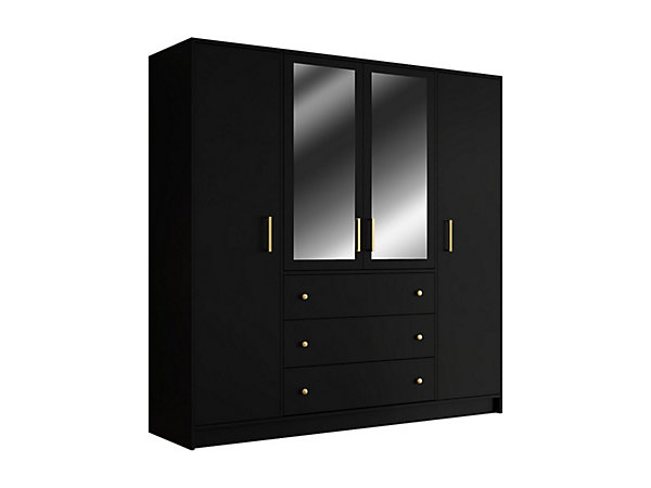 Armoire 4 portes et 3 tiroirs - Avec miroirs - L196 cm - Noir - LIZANDRO