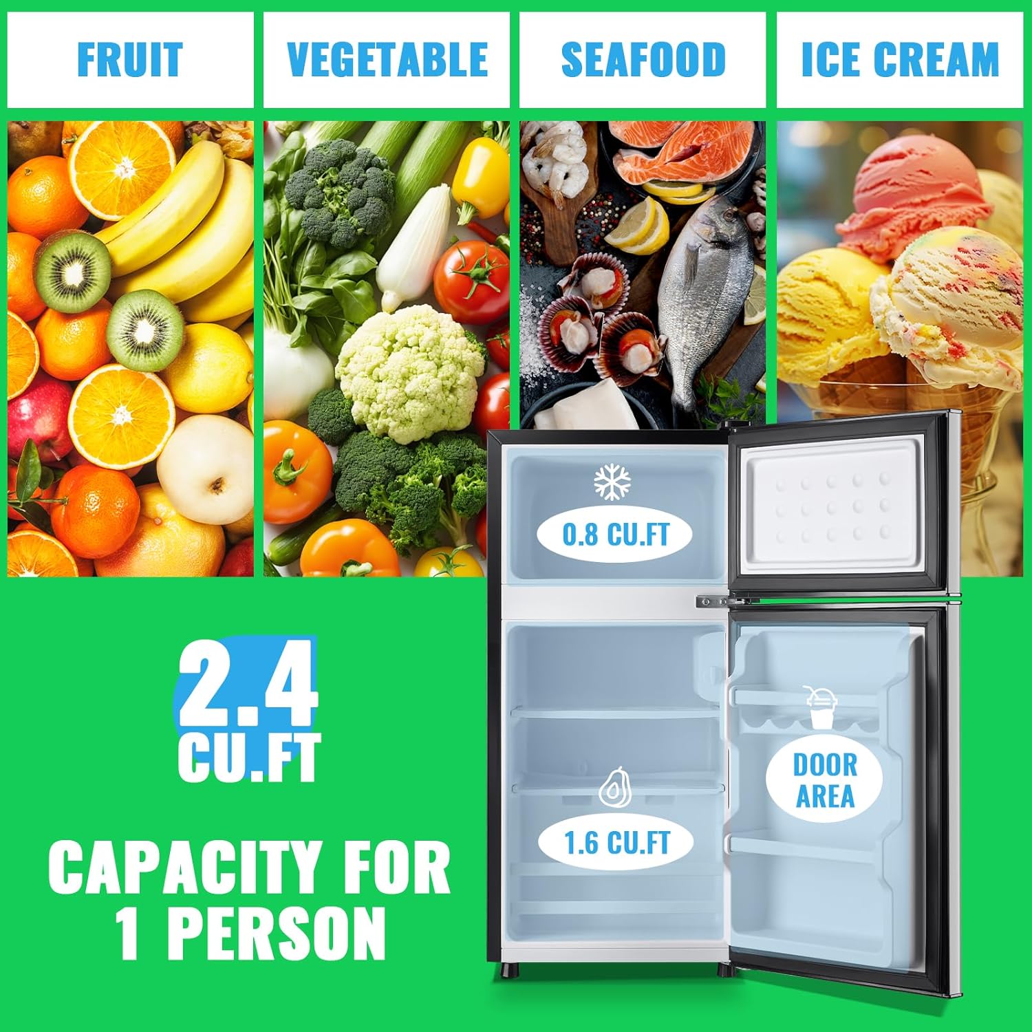 DEMULLER Mini Fridge with Freezer, 45L Personal Refrigerator Only for One Person Use, Silver Tiny Small Size Refrigerator with 7 Level Adjustable Temperature and Double Door