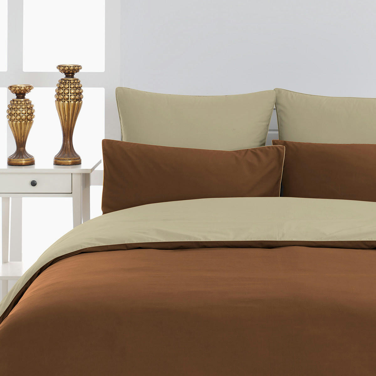 DOZMARY - Housse de couette bicolore en percale coton  brique/ficelle 200x200 cm