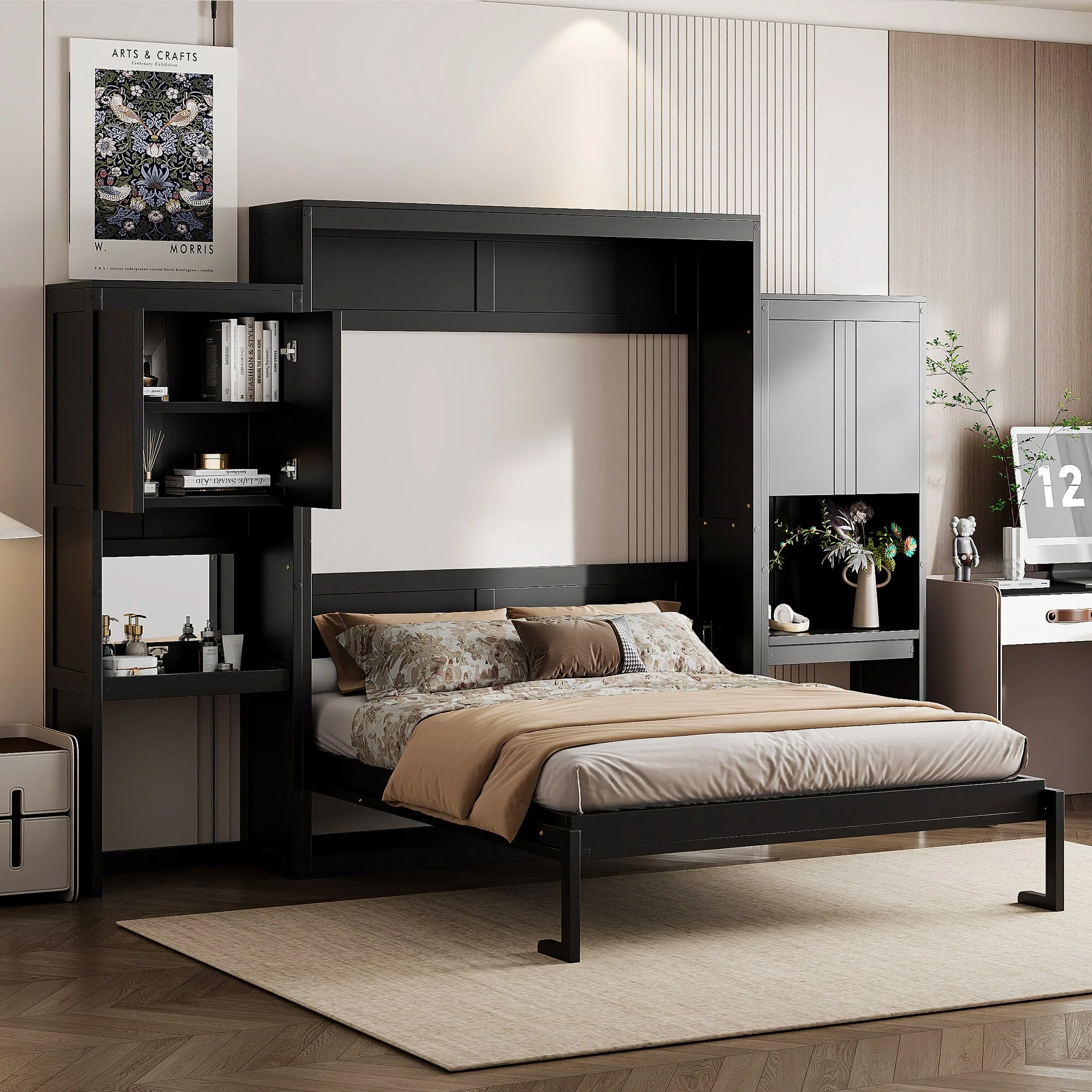 Queen Size Murphy Bed with Desk, Vanity and Cabinets, Espresso