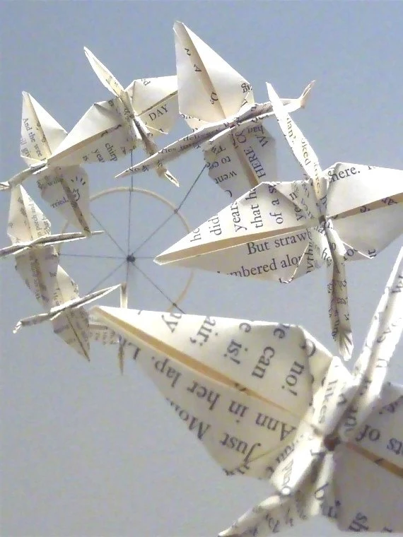 Origami Crane Mobile Eco Friendly Children Decor Baby Mobile Bookish Book Bedroom Recycled Upcycled Repurposed