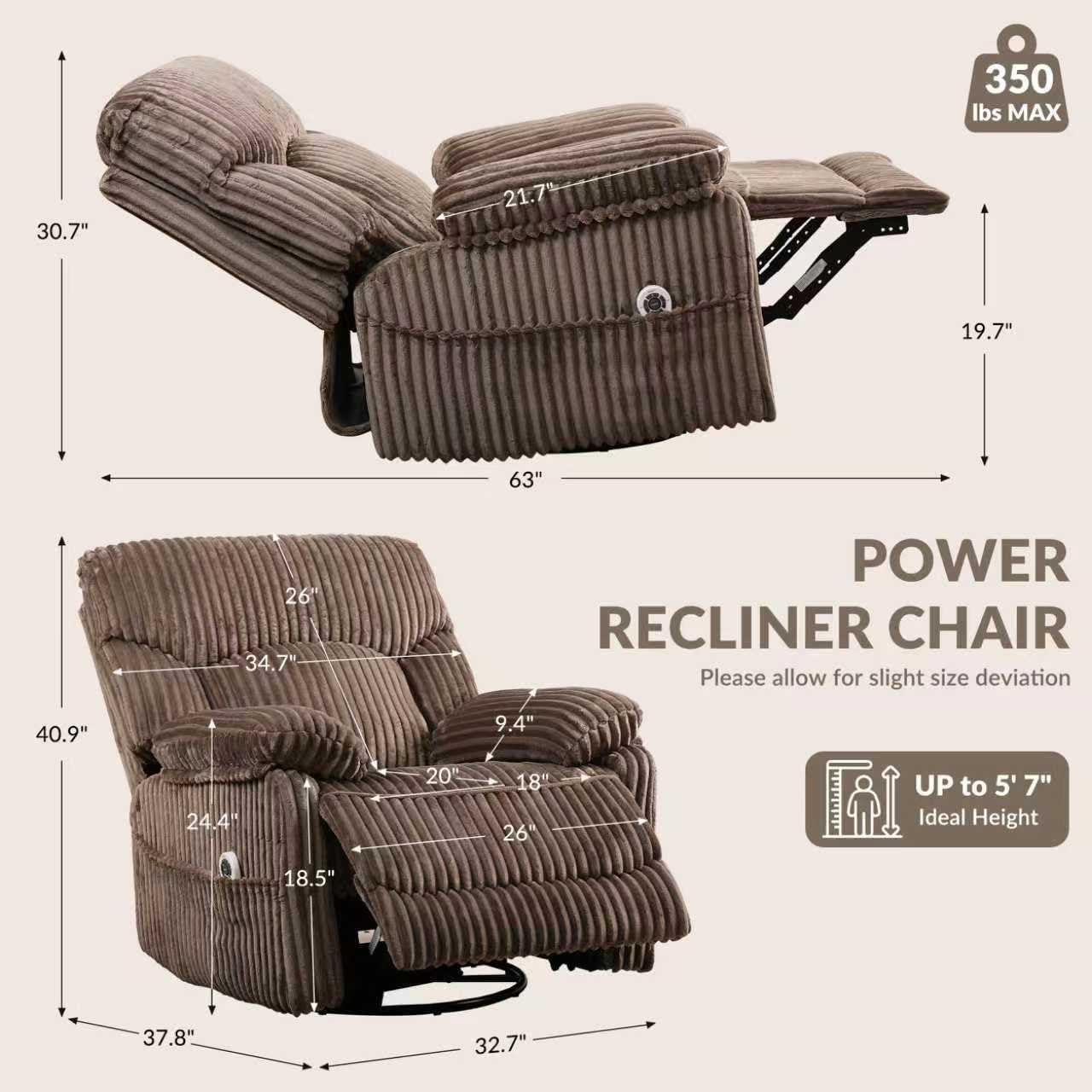 GRAINELL Swivel Rocker Recliner Chair with Massage and Heat, USB Charging Port, Infinite Position Power Recliner, Electric Glider Rocking Chairs for Living Room, Nursery (Brown)