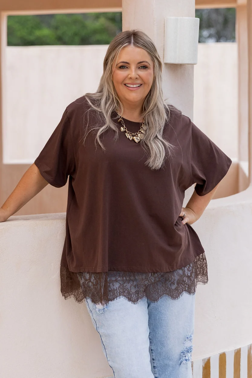 Lola Lace Trim Tee in Chocolate
