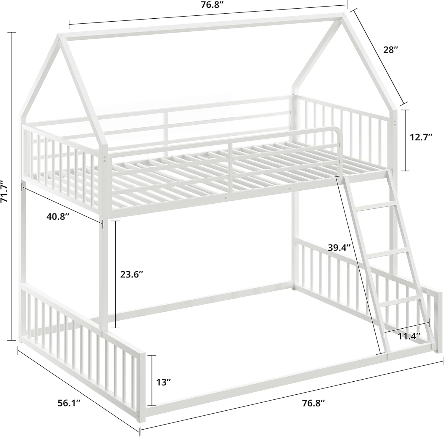 LIKIMIO Bunk Bed Twin Over Full Size, House Bunk Bed Frame with Ladder and Guardrail, House Shaped with Metal Slats Support No Box Spring Needed Space Saving for Bedroom and Dorm, White